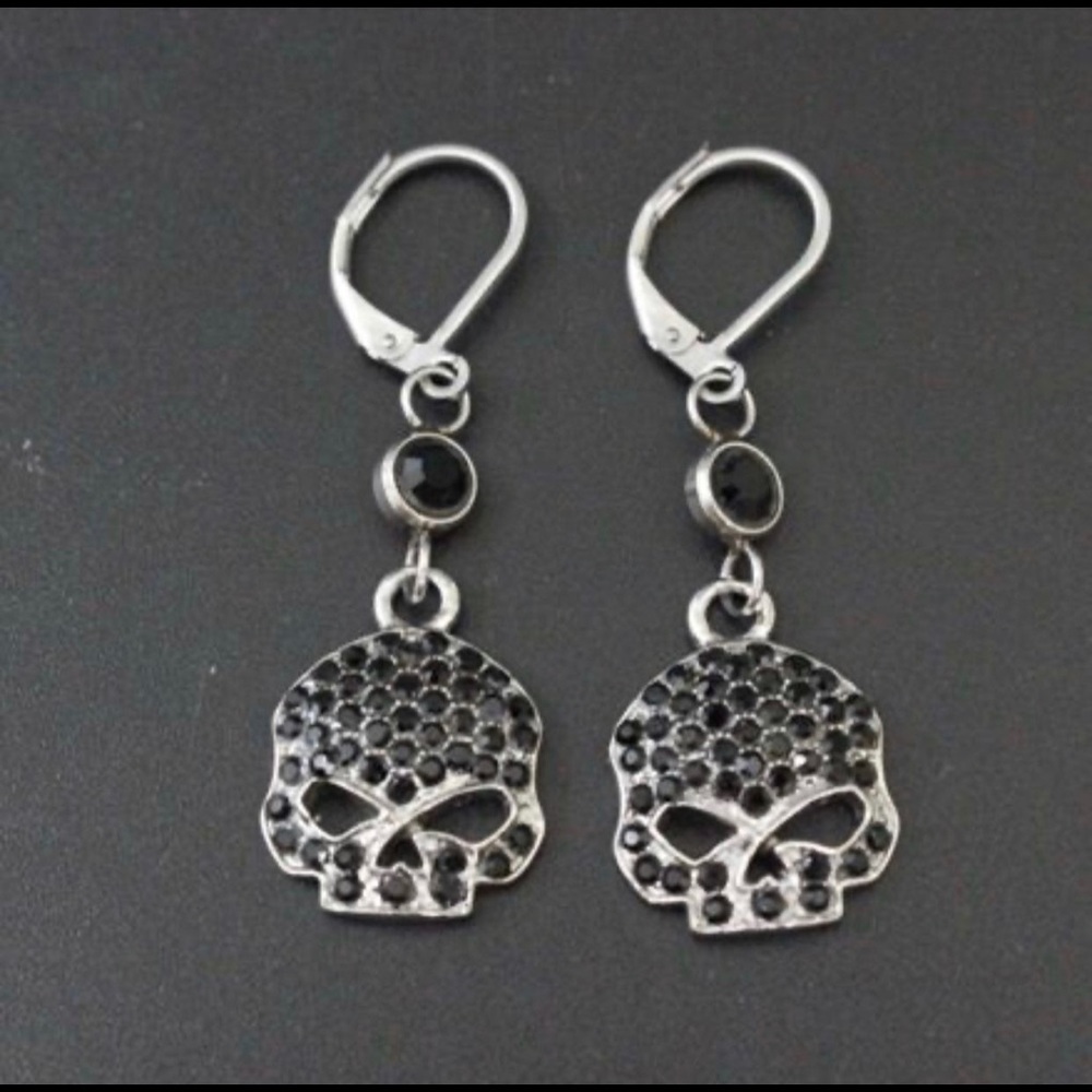 Limited! Black Stone Skull Rhinestone Earrings - Picture 1 of 3